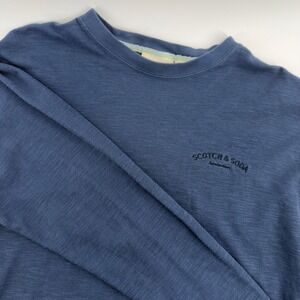 Scotch & Soda Amsterdam Mens Large Blue Slub Knit Long Sleeve Logo Tee